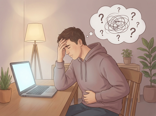 En ung mand oplever fysiske stresssymptomer som mave- og hovedpine, mens han arbejder med sin nye online psykologvirksomhed.