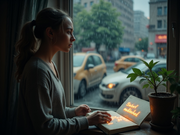 En ung kvinde står ved et vindue med et eftertænksomt udtryk. Udenfor ses en sløret ulykke i regnen. Indenfor ligger en notesbog med opmuntrende ord, og en plante spirer i en revnet potte, som symbol på heling.