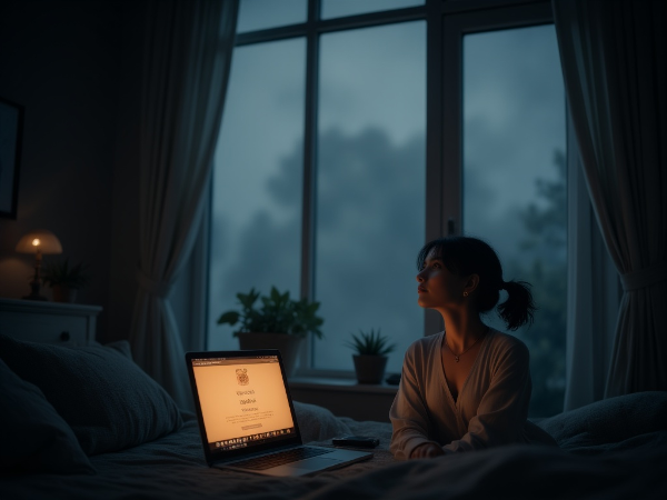 En ung kvinde sidder alene i et gråt, tåget rum og stirrer tomt ud ad vinduet, mens en lysende skærm med en hjælpsom platform viser kontrasten mellem hendes ydre arbejde og indre følelsesmæssige afstumpethed.