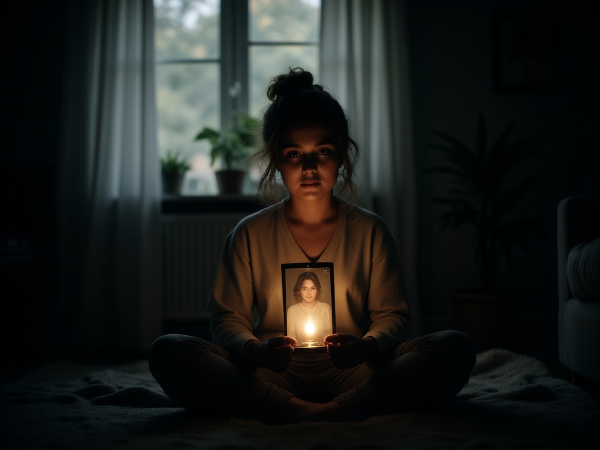 En ung kvinde sidder alene i et svagt oplyst værelse og holder et billede af en ven, mens et blødt lys strømmer ind gennem vinduet, hvilket symboliserer sorg, skyld og begyndelsen på heling.