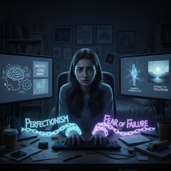 En ung kvindelig studerende er lammet af perfektionisme foran sit arbejde, bundet af lysende kæder af frygt og fejl.