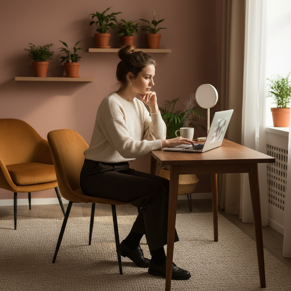 En ung kvindelig psykolog sidder alene ved et skrivebord med en computer og ser eftertænksom ud, omgivet af varme farver og blødt lys.