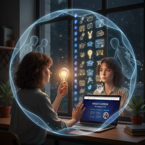 En ung kvinde arbejder med sin psykologihjemmeside, omgivet af symboler på tvivl og sammenligning, mens hun søger at finde sin indre styrke og sætte grænser.