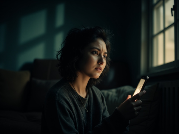 En ung kvinde kæmper med indre uro og giftige tanker om jalousi, mens et svagt lys symboliserer muligheden for selvrefleksion og forandring.