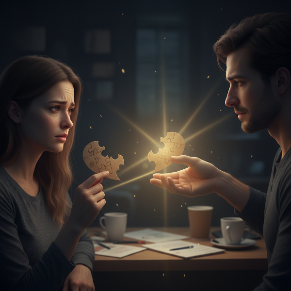 Eine junge Frau und ihr Partner in einem symbolischen Moment des Vertrauensaufbaus nach einem Beziehungskonflikt, mit visuellen Metaphern für Schmerz und beginnende Heilung.