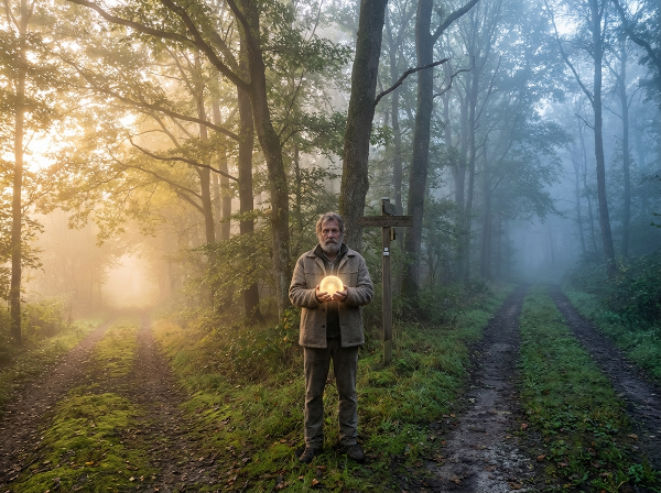 Ein Mann an einem Scheideweg im Wald, der Selbstmitgefühl und vorsichtige Hoffnung symbolisiert.