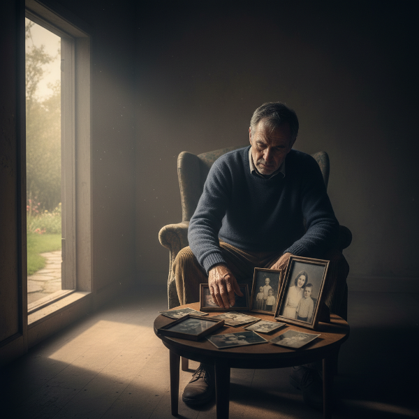 Ein Mann mittleren Alters empfindet innere Leere, blickt auf Familienfotos, während ein Hoffnungsschimmer durch das Fenster fällt.