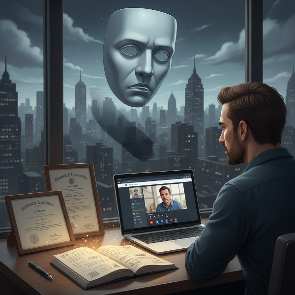 Ein Mann kämpft mit Selbstzweifeln am Arbeitsplatz, während äußerer Druck und das Gefühl, ein Hochstapler zu sein, ihn umgeben, doch Beweise seiner Kompetenz sind sichtbar.