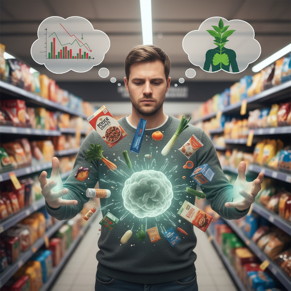 Ein Mann in einem Supermarktgang, dessen Hände von einem subtilen Energiezug erfasst sind, mit einem transparenten Knoten der Angst im Magen, umgeben von schwebenden Einkaufsartikeln und Denkblasen, die finanzielle Unsicherheit und inneres Wachstum symbolisieren.