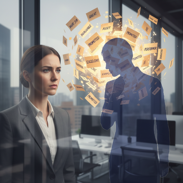 Eine Teamleiterin reflektiert ihre Unsicherheiten im Büro, umgeben von positiven Rückmeldungen und leichter Angst, die das Hochstapler-Syndrom darstellen.