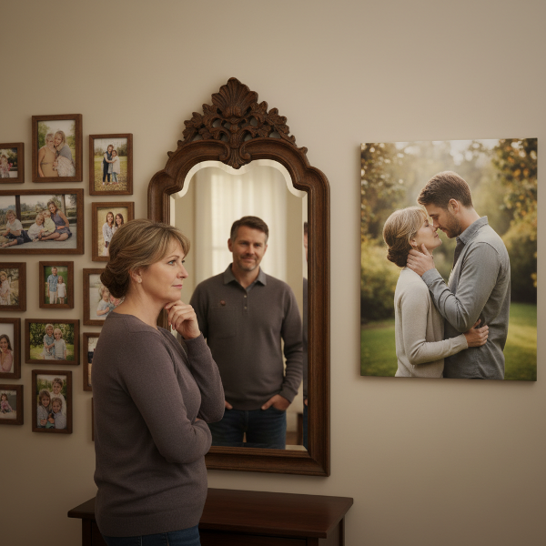 Eine Frau betrachtet sich nachdenklich im Spiegel, während im Hintergrund ein Übergang von Familienchaos zu ruhiger Paarintimität dargestellt wird.