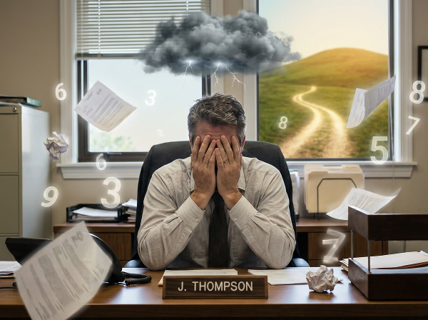 Ein Mann mittleren Alters, der von beruflichem Stress und innerer Anspannung überwältigt wird, mit Symbolen für Wut und den Beginn eines Weges zur Bewältigung.