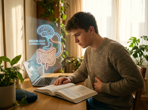 Ein junger Mann mit Bauchschmerzen, während eine grafische Darstellung die Nervenverbindung zwischen Gehirn und Darm zeigt.