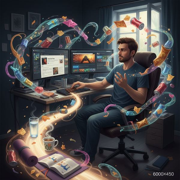 Ein junger Mann am Computer, umgeben von Gewohnheitsschleifen aus Snack-Verpackungen, die durch bewusste Alternativen wie Tee und Dehnübungen durchbrochen werden.