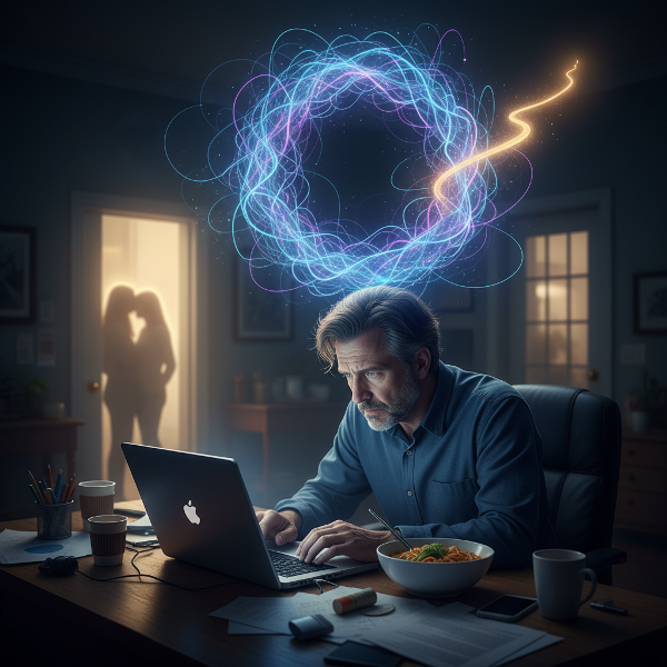 Ein gestresster Mann im Homeoffice, mit einem sichtbaren Teufelskreis aus Angst über ihm, während ein hoffnungsvoller Pfad sich öffnet.