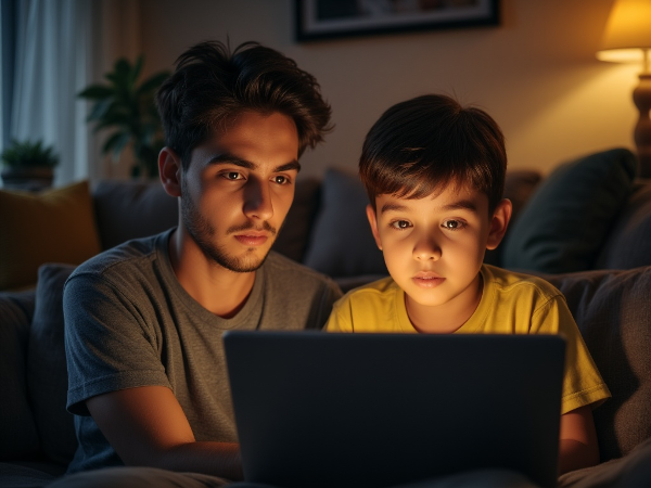 Ein besorgter älterer Bruder beobachtet seinen jüngeren Bruder, der vertieft in einen Laptop ist, während die Familie im Hintergrund Rat sucht.