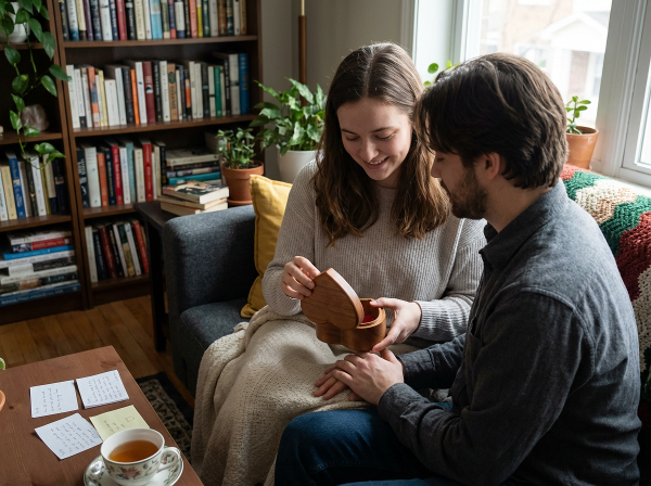 Eine Illustration, die zeigt, wie eine Frau langsam Vertrauen in einer Beziehung aufbaut, während sie mit ihrem Partner in einer friedlichen Umgebung sitzt und sich öffnet.