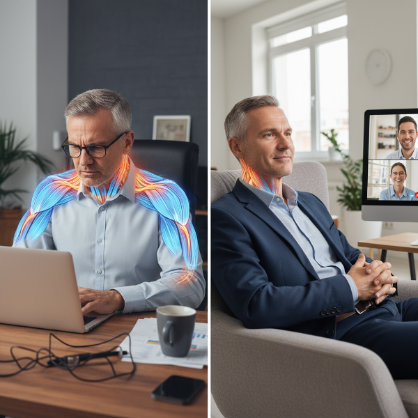 Ein Mann im Homeoffice mit sichtbaren Verspannungslinien an Nacken und Schultern, während im Hintergrund entspannte Kundentermine zu sehen sind.
