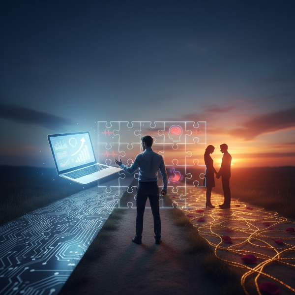 Ein Mann an einer Weggabelung zwischen beruflichem Erfolg und einer Beziehung, mit einer durchsichtigen Barriere aus Puzzleteilen, die innere Konflikte und psychosomatische Symptome symbolisiert.