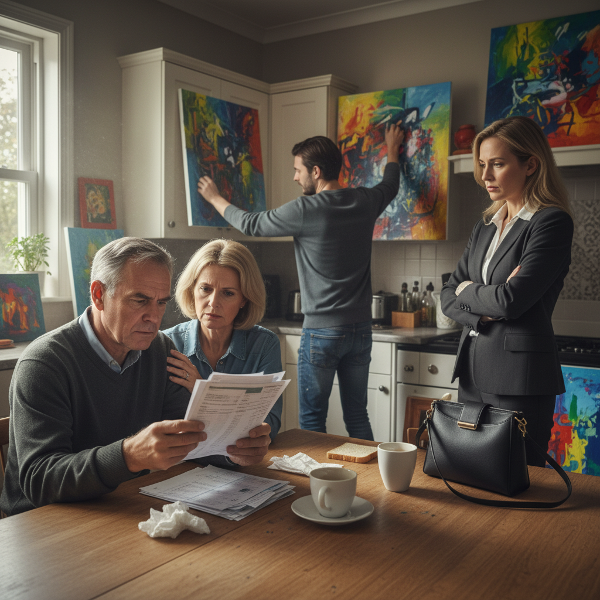 Ein älteres Ehepaar im Konflikt über die finanzielle Unterstützung ihres erwachsenen Künstler-Sohnes, während die erfolgreiche Tochter abweisend daneben steht.