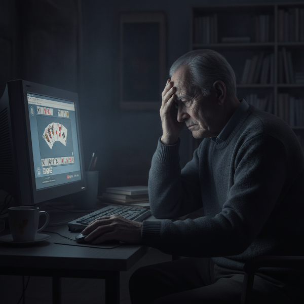Ein älterer Mann sitzt mutlos vor einem leuchtenden Computerbildschirm, auf dem Solitaire-Karten zu sehen sind, während er sich in einem dunklen Raum zurückzieht.