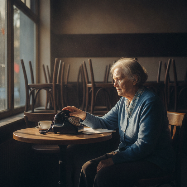 Ältere Frau in Einsamkeit, nachdenklich am Tisch sitzend, Telefon in der Hand, leeres Café im Hintergrund, Symbol für soziale Isolation und den Wunsch nach Kontakt.