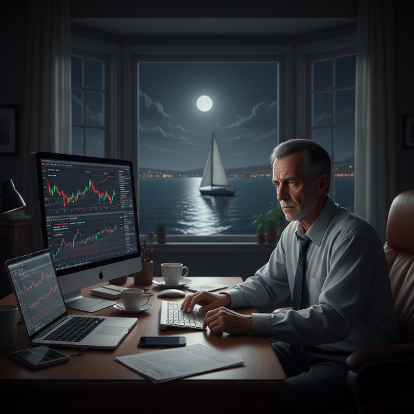 Ein erschöpfter Unternehmer in seinem nächtlichen Homeoffice, der zwischen beruflichem Druck und der Sehnsucht nach seinem Segelhobby gefangen ist.