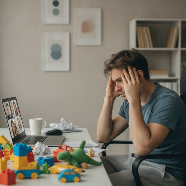 Ein erschöpfter Vater, der zwischen Beruf und Familie zerrissen ist und seine aufkommende Wut unterdrückt, während er sich schuldig fühlt.