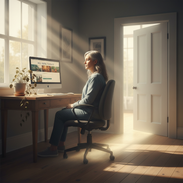 Eine erschöpfte Frau am Computer starrt gleichgültig aus dem Fenster, während ihre Online-Beratungsplattform auf dem Bildschirm läuft. Ein verwelkter Pflanze und ein Lichtstrahl deuten auf Erschöpfung und mögliche Hoffnung.