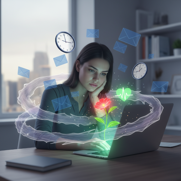 Eine überarbeitete junge Gründerin am Laptop, umgeben von Symbolen für Stress und Arbeit, während eine Pflanze für Leidenschaft durch den Stresskreislauf bricht.