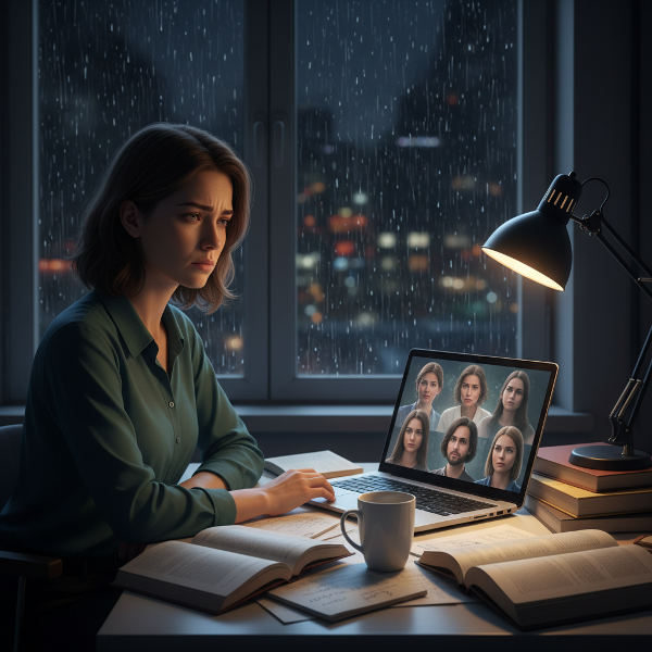 Eine erschöpfte Psychologin in ihrer Online-Praxis bei Nacht, umgeben von beruflichen Selbstzweifeln und innerer Leere.