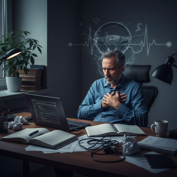 Ein erschöpfter IT-Berater mittleren Alters bei Nachtarbeit, umgeben von beruflichem Chaos, mit körperlichen Stresssymptomen und angedeuteten Ängsten, während ein Zeichen für vernachlässigte Selbstfürsorge im Raum steht.