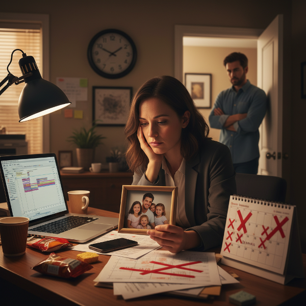 Eine erschöpfte Projektmanagerin am überfüllten Schreibtisch bei Nacht, zwischen Berufsanforderungen und vernachlässigtem Privatleben.