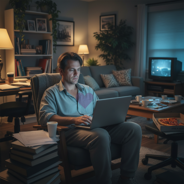 Ein erschöpfter Therapeut in seinem Homeoffice, dessen Arbeits- und Privatleben verschwimmen, was Burnout und Libidoverlust symbolisiert.