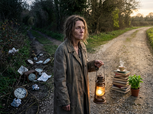 Eine erschöpfte Frau an einer Weggabelung zwischen einem stressigen, dunklen Pfad und einem helleren Weg mit Symbolen der Erholung.