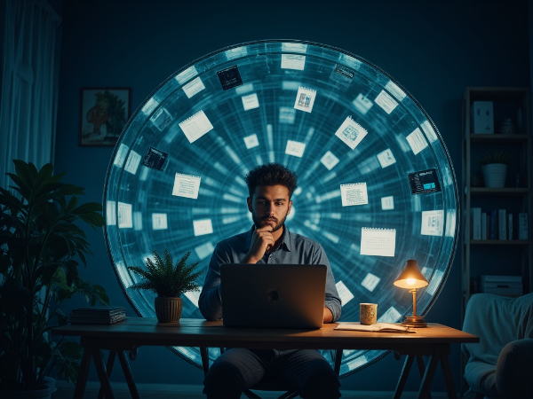 Ein erschöpfter junger Mann, gefangen in einem Hamsterrad aus Arbeit und Selbstzweifeln vor seinem Computer, mit einem Ausweg zu professioneller Hilfe und Selbstfürsorge.