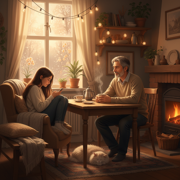 Ein Vater bietet seiner in sich gekehrten Tochter in einer gemütlichen Winterküche unaufdringlich seine Unterstützung an.