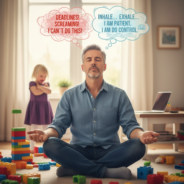 Ein gestresster Vater findet durch Atemübungen und Gedankenreflexion innere Ruhe, um seinem Kind in der Dreijahreskrise geduldig zu begegnen.
