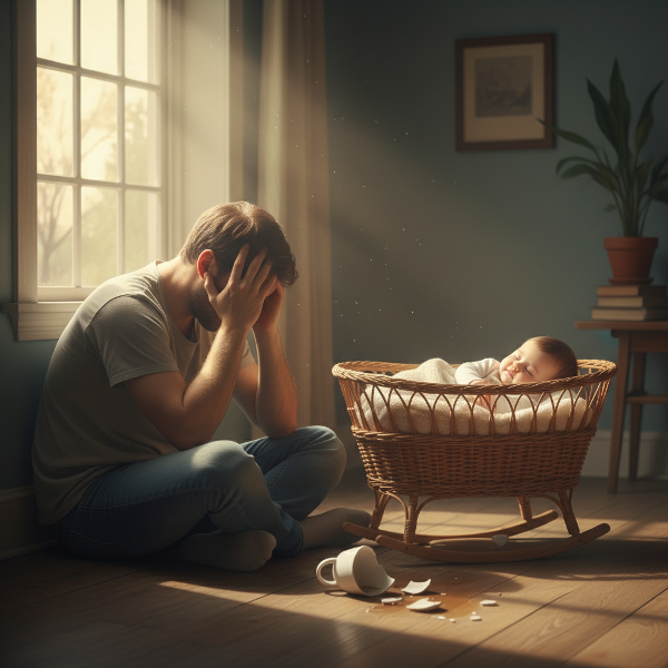 Ein Vater im Konflikt zwischen Überforderung und Fürsorge, mit Symbolen von Wutausbrüchen und dem Wunsch nach Veränderung.