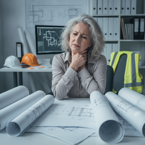 Eine Frau um die 60, die als Architektin arbeitet, hält sich vor einem Präsentationstisch den Hals, während sie unter Druck steht
