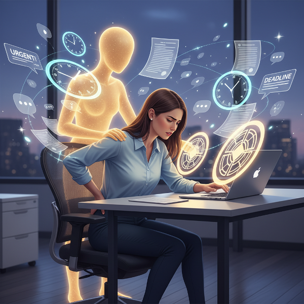 Eine junge Unternehmerin mit Rückenschmerzen am Schreibtisch, umgeben von Stresssymbolen, während eine psychologische Figur ihr hilft, schützende Grenzen zu setzen.