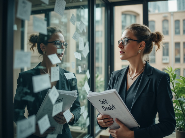 Eine Projektleiterin sieht ihr gespaltenes Selbstbild im Fensterreflex, umgeben von Erfolgsnachweisen, doch geplagt von Selbstzweifeln.
