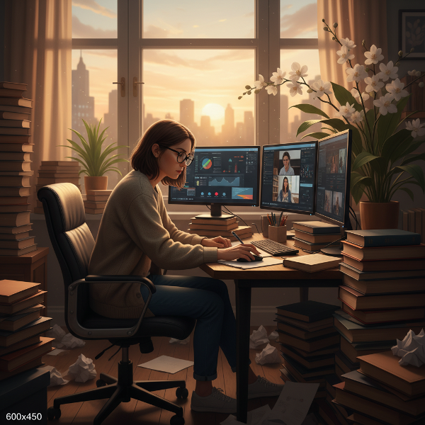 Eine selbstständige Psychologin im Spannungsfeld zwischen Erschöpfung und Berufung, mit Symbolen für Stress und mögliche Entspannung.