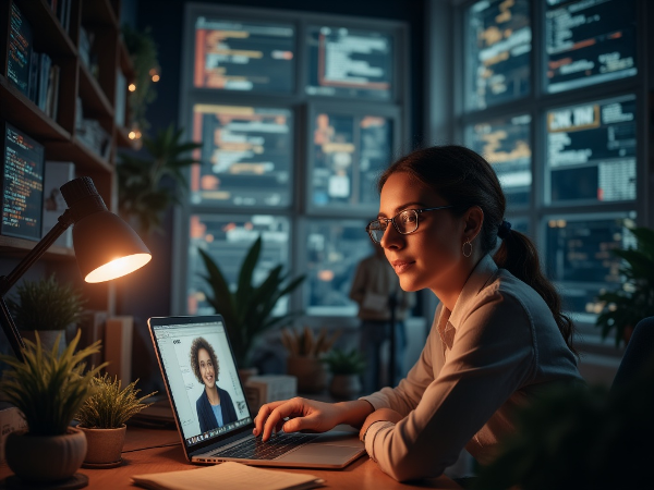 Eine Psychologin mittleren Alters überwindet Selbstzweifel bei der Online-Arbeit, während ihre Kompetenz im Vordergrund strahlt.