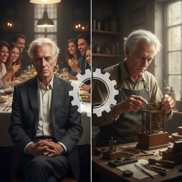 Ein ehemaliger Handwerksmeister erlebt in sozialen Situationen zitternde Hände, die in seiner Werkstatt verschwinden, was den Übergang in den Ruhestand und den Verlust der beruflichen Identität symbolisiert.