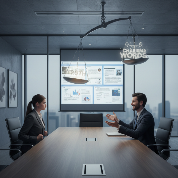 Ein junger Mann bei einem Büromeeting, der innerlich mit Ungerechtigkeit und Frust kämpft, während er einer schlechten Präsentation zuhört.