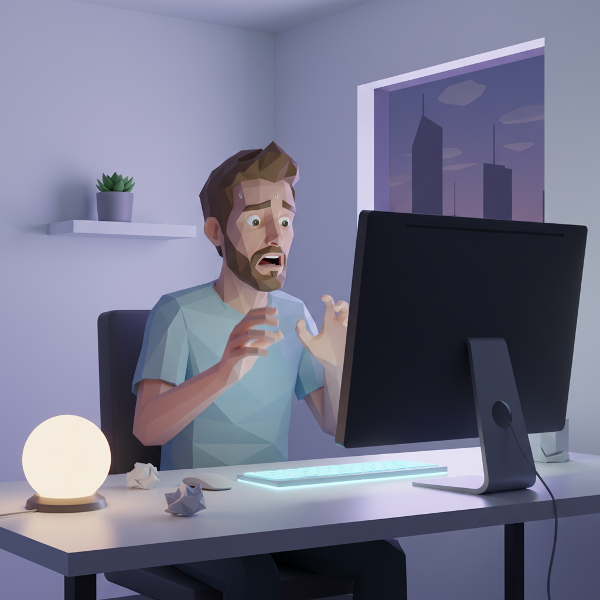 Ein Grafikdesigner mit Panik vor einem leeren Bildschirm, der seine Angst und kreative Lähmung zeigt.