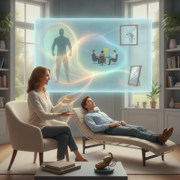 Eine ruhige Therapieszene, in der Anna Klar einem jungen Mann gegenübersitzt, unterstützt von hypnotischen Wellen und positiven Symbolen für Selbstvertrauen und Körperakzeptanz.