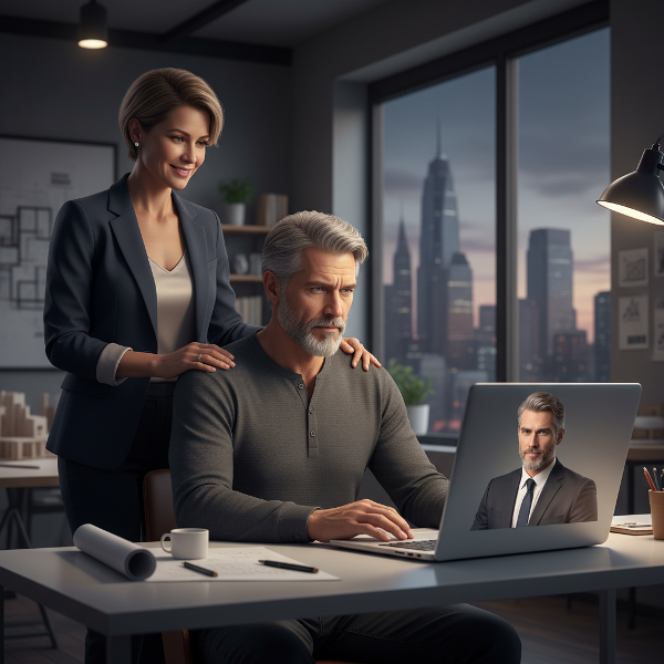 Ein Mann mittleren Alters betrachtet sein gespaltenes Selbstbild zwischen Selbstzweifel und Kompetenz, während eine unterstützende Partnerin im Hintergrund steht.