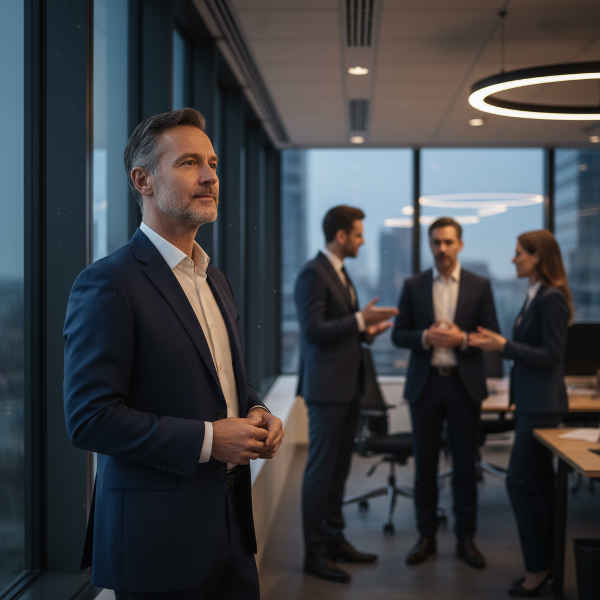 Ein älterer Berufstätiger findet innere Ruhe und Selbstkontrolle trotz Teamkonflikten am Arbeitsplatz.